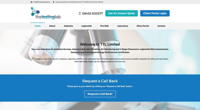 Screenshot of The Testing Labs website homepage, featuring the logo, navigation menu, contact details, call-to-action buttons, and a Request a Call Back section with a close-up image of a microscope in the background.