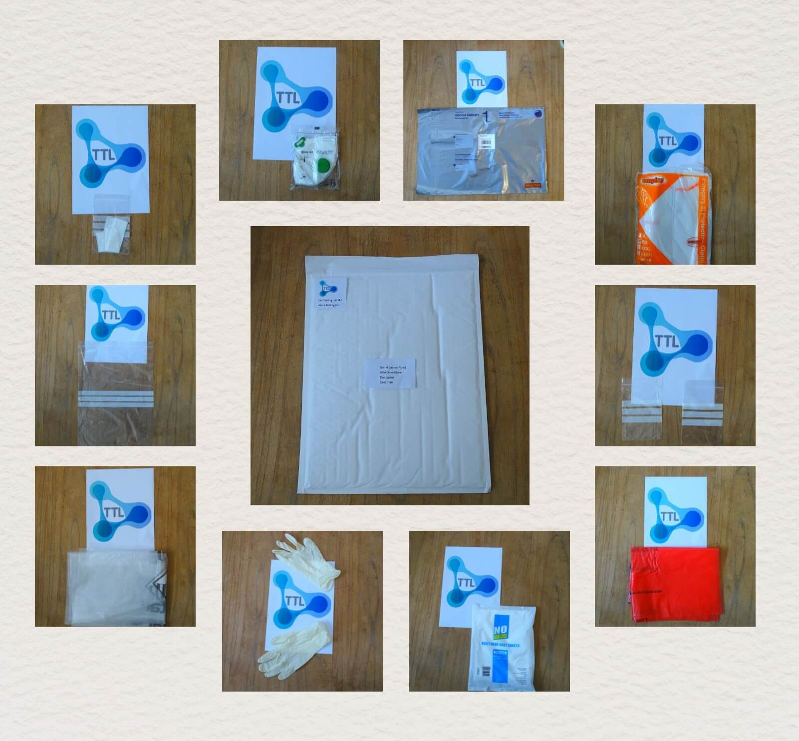 A collection of medical or laboratory kit components, including gloves, bags, pouches, and instructions, each laid out individually on a wooden surface and displayed in a grid format. A collection of medical or laboratory kit components, including gloves, bags, pouches, and instructions, each laid out individually on a wooden surface and displayed in a grid format.