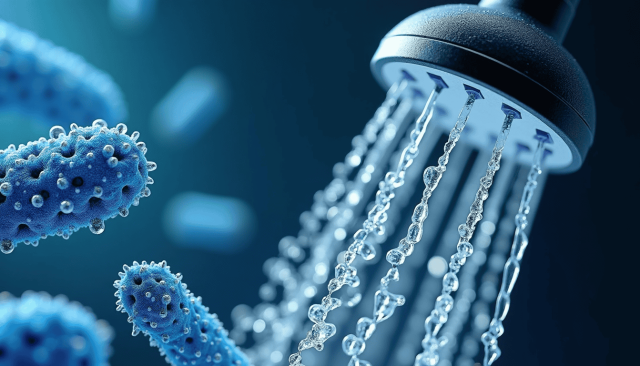 Close-up illustration of water flowing from a showerhead with large, blue bacteria-like microbes in the foreground, highlighting the concept of germs or bacteria in shower water.