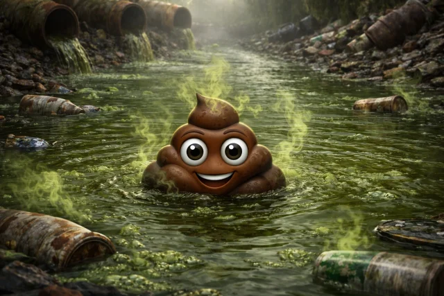 emoji pile of poo floating down a contaminated toxic gas river for effluent discharge permits img 1