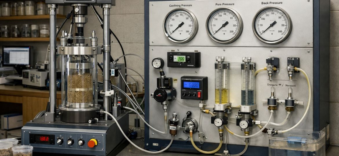 Effective Stress Triaxial Testing CD CU Geotechnical lab scene img