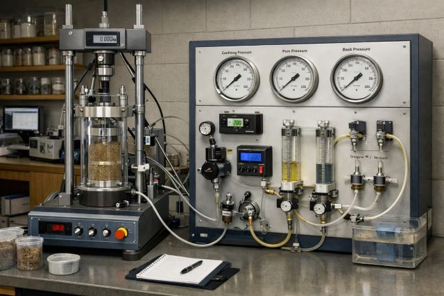 Effective Stress Triaxial Testing CD CU Geotechnical lab scene img
