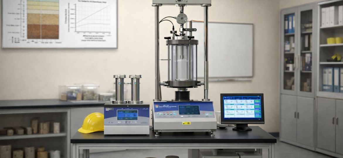 undrained Triaxial testing Geotechnical lab scene img