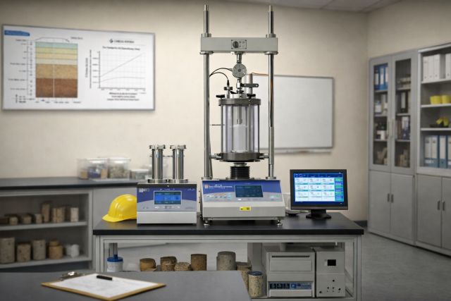 undrained Triaxial testing Geotechnical lab scene img