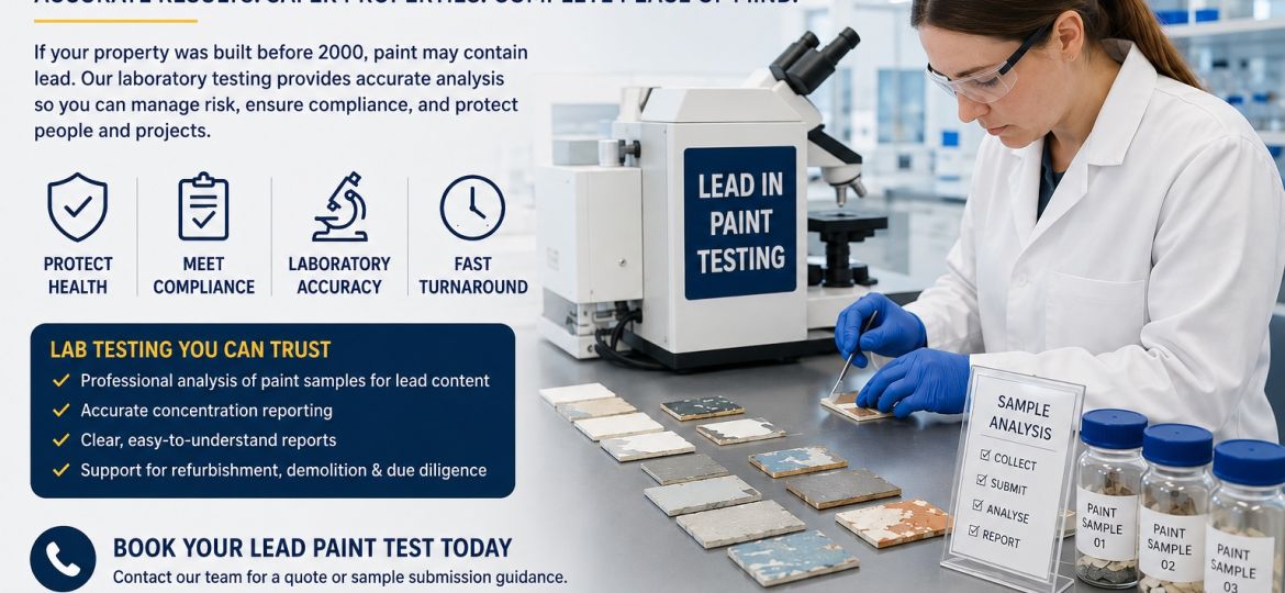 Lead Paint Testing Laboratory” and icons for protect health, meet compliance, laboratory accuracy, and fast turnaround.