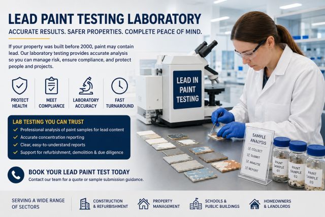Lead Paint Testing Laboratory” and icons for protect health, meet compliance, laboratory accuracy, and fast turnaround.