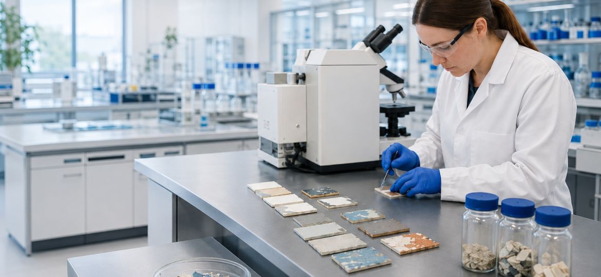 Wide banner showing a laboratory technician testing paint flakes in a modern lab, with headline “Lead Paint Testing Laboratory” and icons for protect health, meet compliance, laboratory accuracy, and fast turnaround.