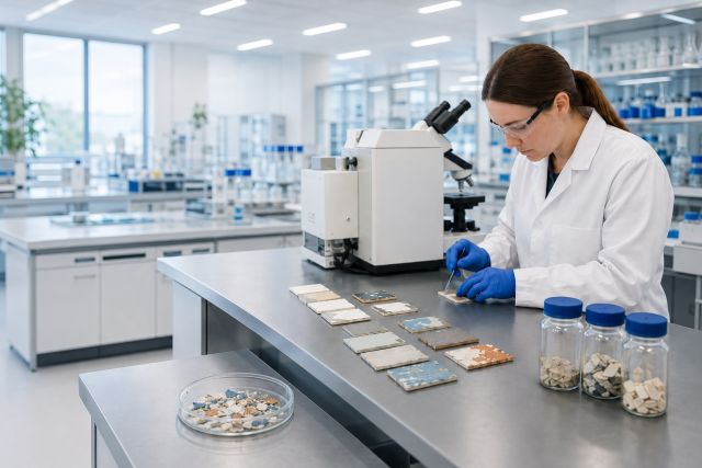 Wide banner showing a laboratory technician testing paint flakes in a modern lab, with headline “Lead Paint Testing Laboratory” and icons for protect health, meet compliance, laboratory accuracy, and fast turnaround.