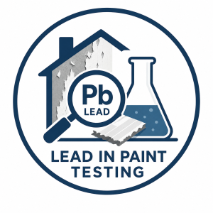 Circular “Lead in Paint Testing” badge with a house showing peeling paint, a magnifying glass labeled “Pb Lead,” and a laboratory flask.